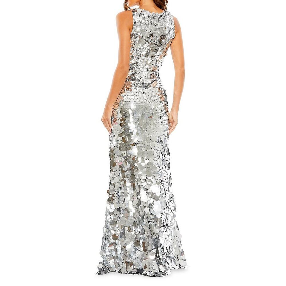 Mac Duggal Embellished Disc Sequin Sleeveless Gown Dress Silver Size 10 NWT - Picture 2 of 12